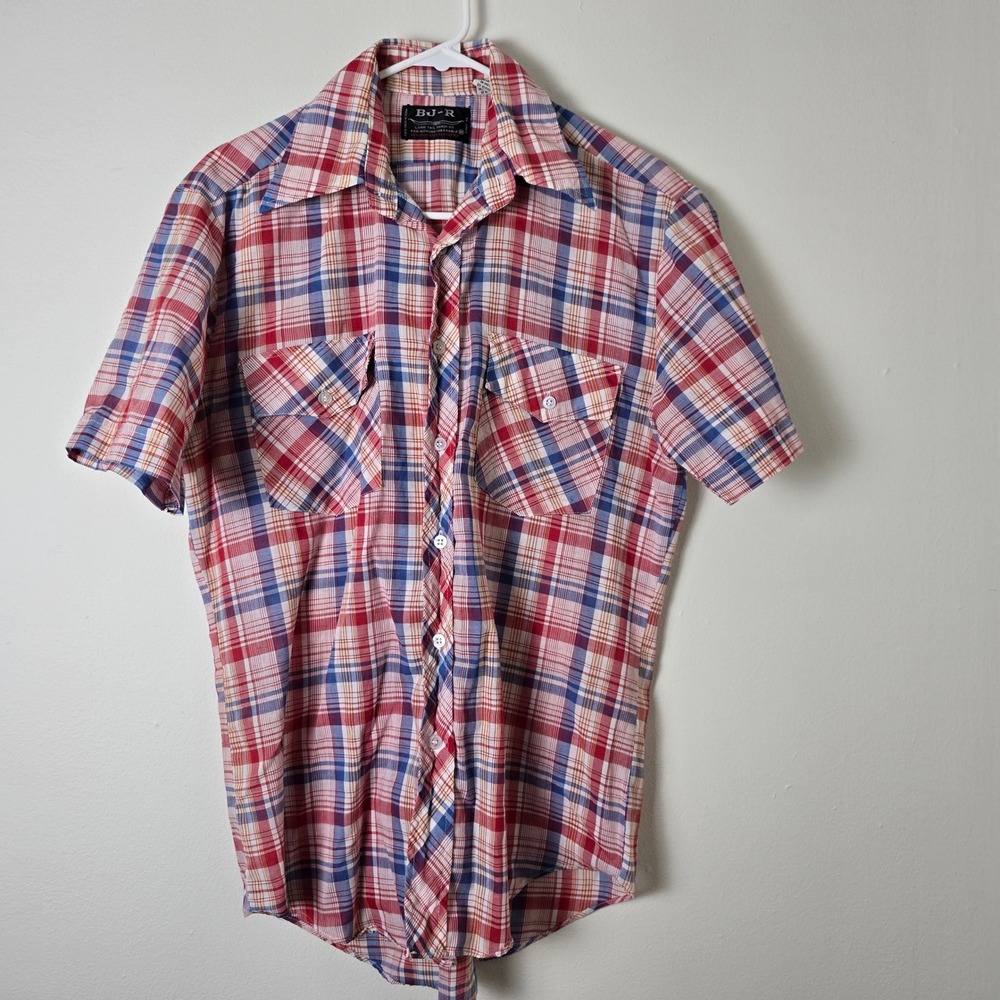 Vintage BJ-R Shirt Western Plaid Button Down Short Sleeve Mens Medium Red Blue